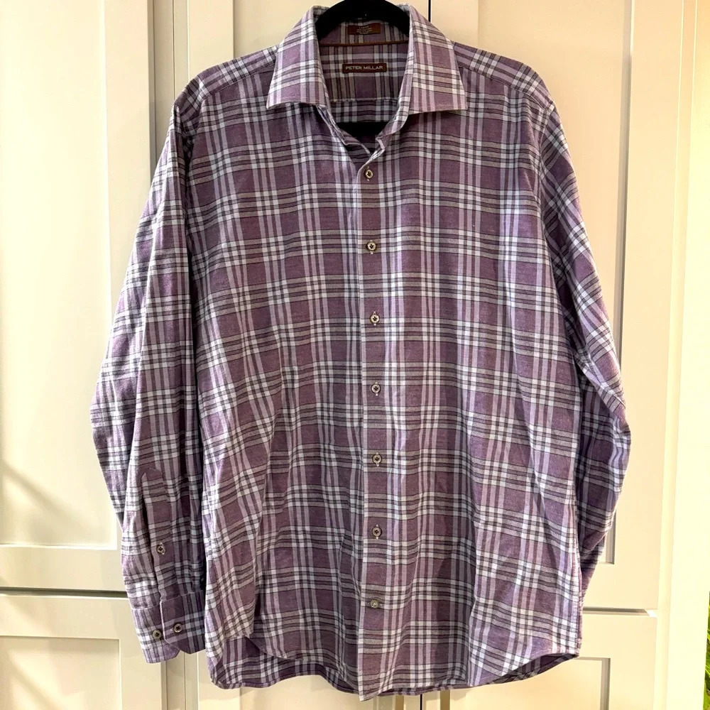 Peter Millar Button Up Purple and Blue‎ Plaid Shirt Men's size Large 100% Cotton